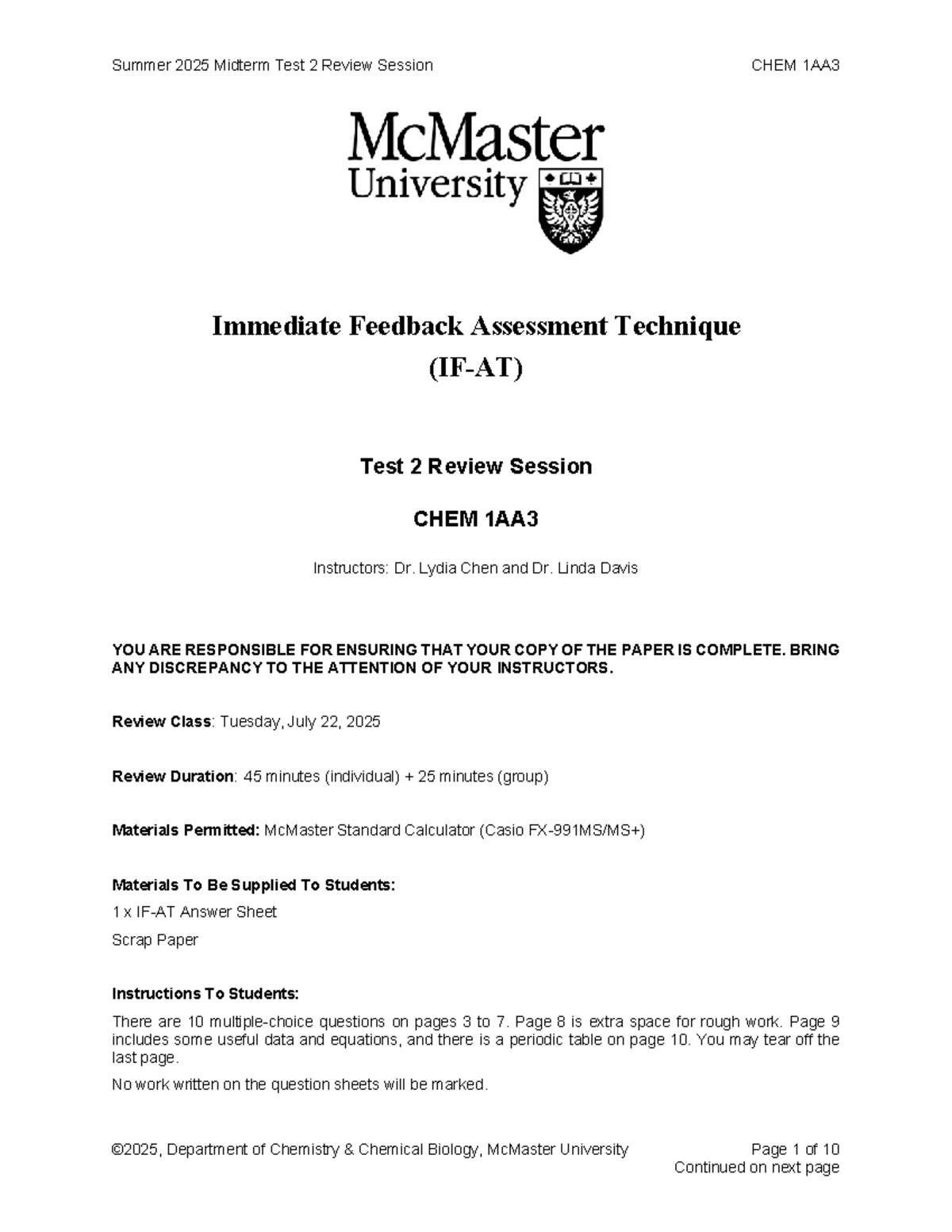 Summer 2025 Midterm Test 2 Review Session CHEM 1AA3 - Studocu