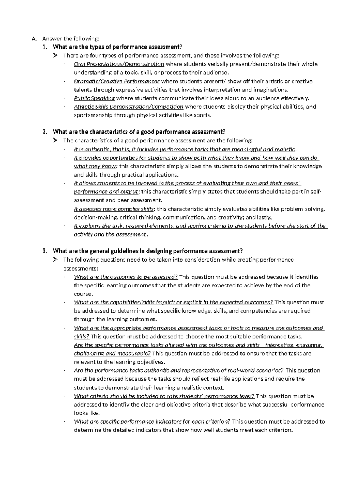 Performance Assessment Types and Guidelines - Assessment in Learning 2 ...