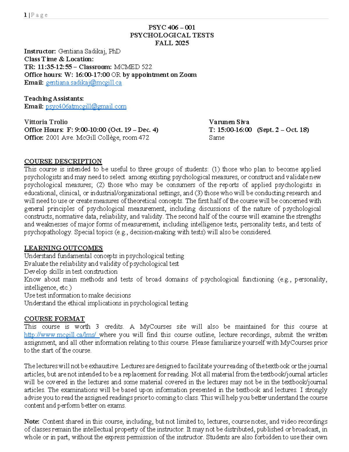 PSYC 406-001 Course Outline: Psychological Tests Fall 2025 - Studocu