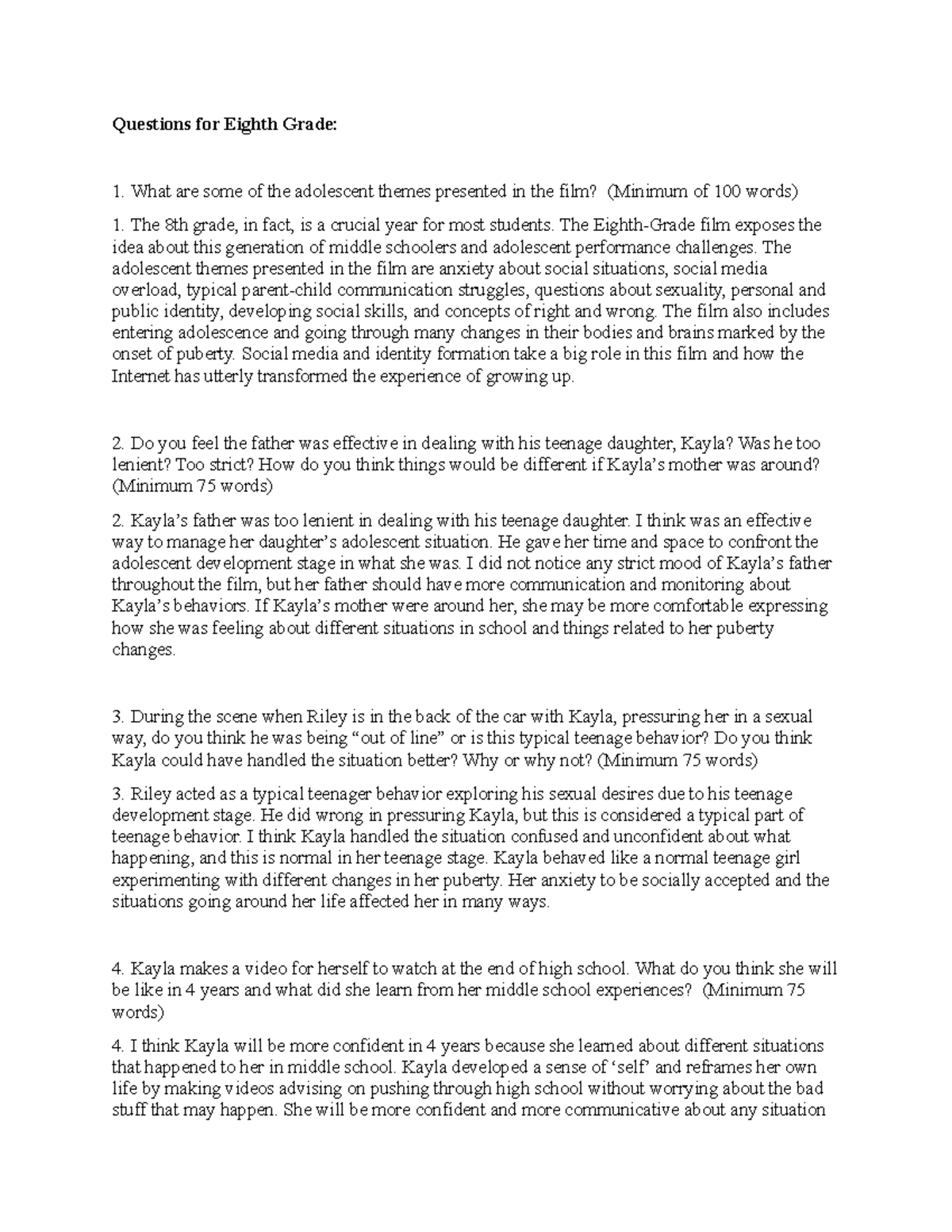 Eighth Grade Film Analysis - Assignment Insights and Reflections - Studocu