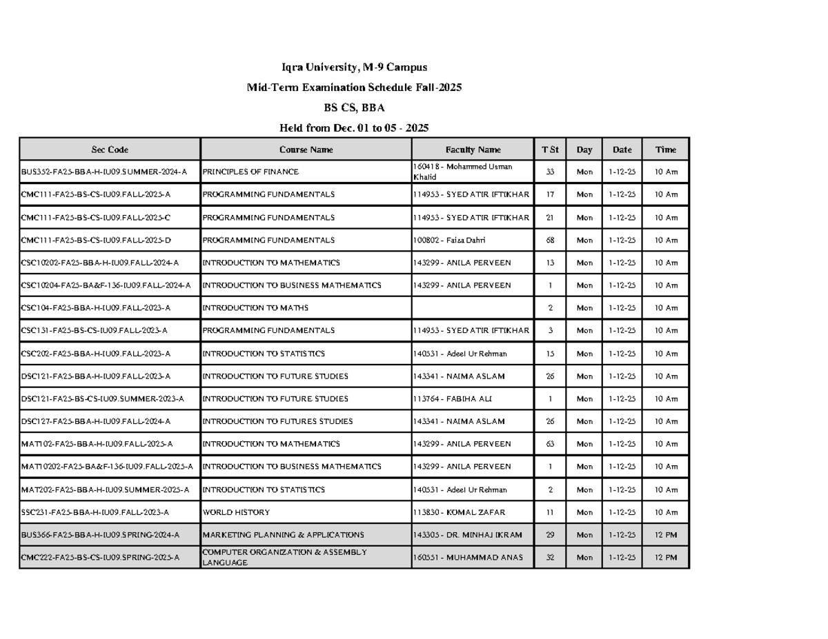 Midterm Exam Schedule for BS CS & BBA at Iqra University (Dec 2025 ...