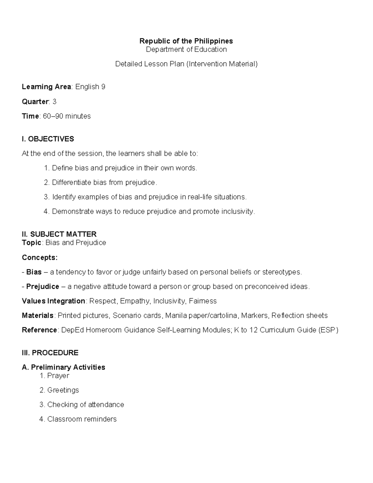 Detailed Lesson Plan: Bias and Prejudice (Eng 9, Quarter 3) - Studocu