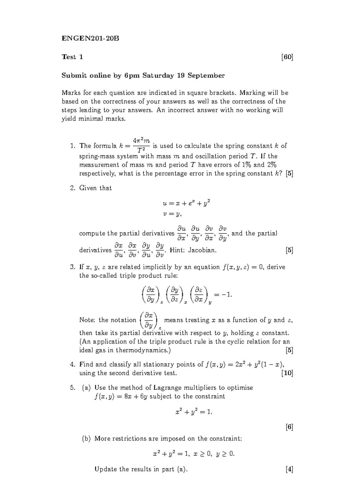 ENGEN201-20B Mock Maths Test with Detailed Questions and Solutions ...