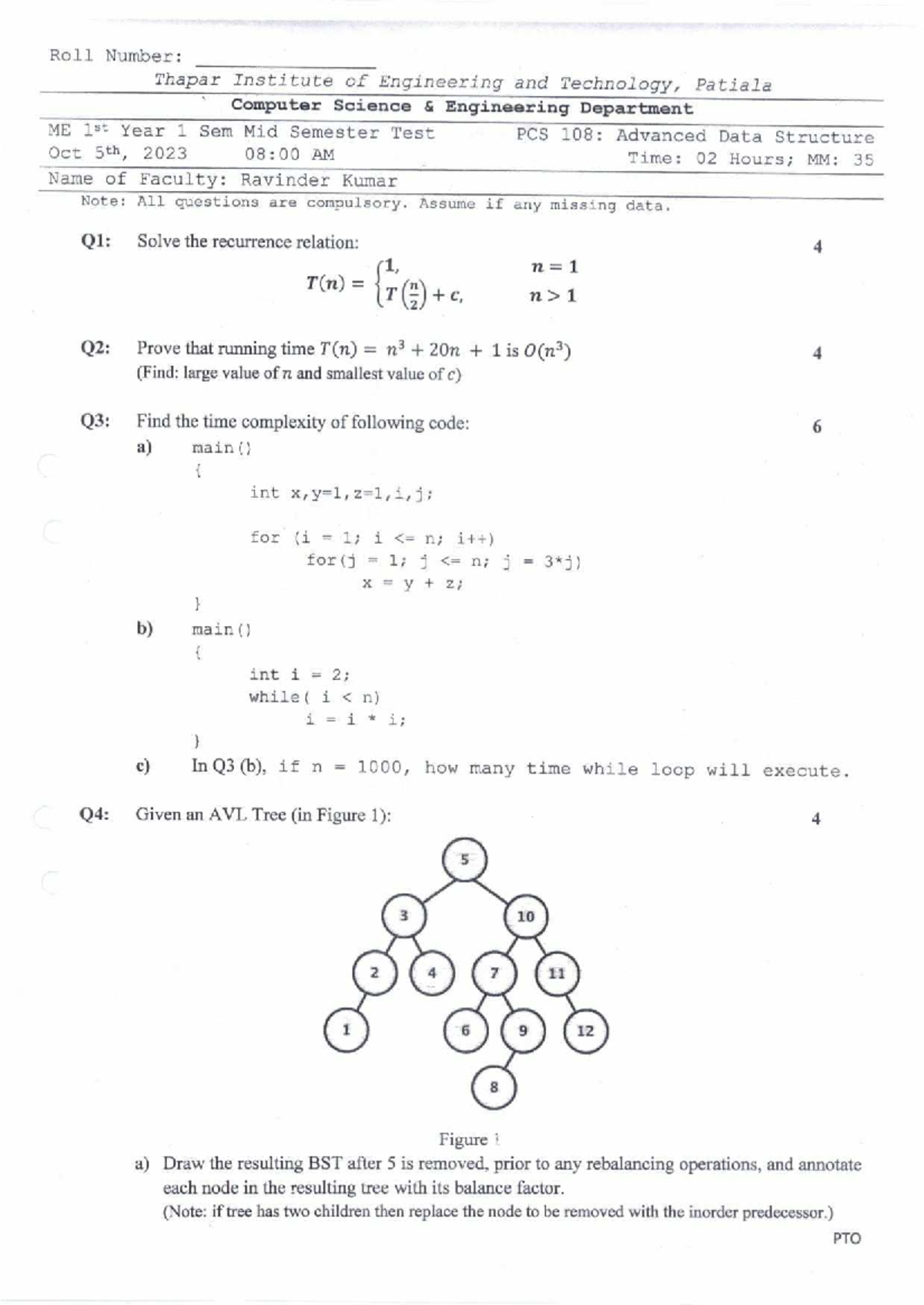 PCS 108: Mid Semester Test on Advanced Data Structures - Studocu