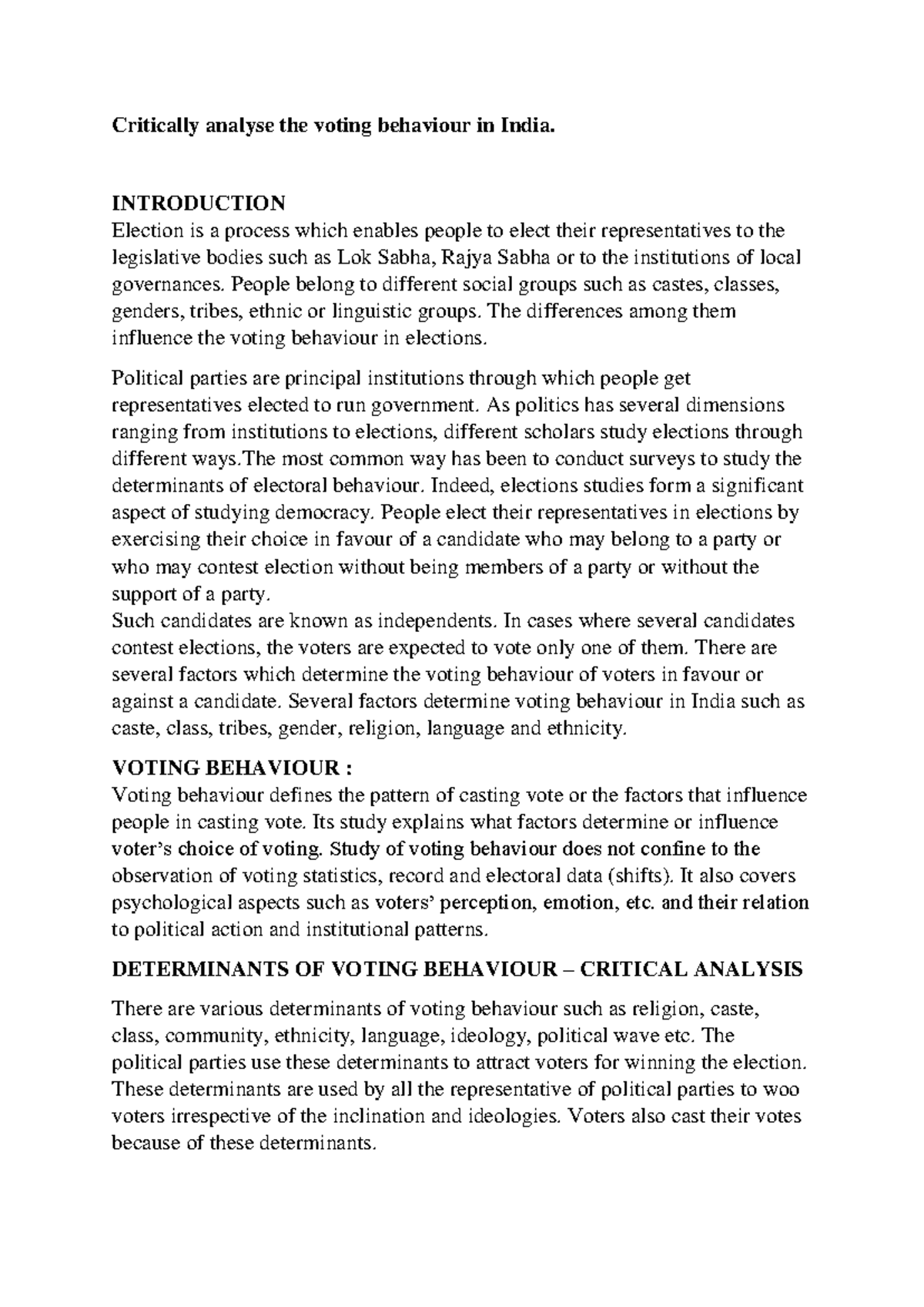 Critical Analysis of Voting Behaviour in India: Factors and Challenges ...