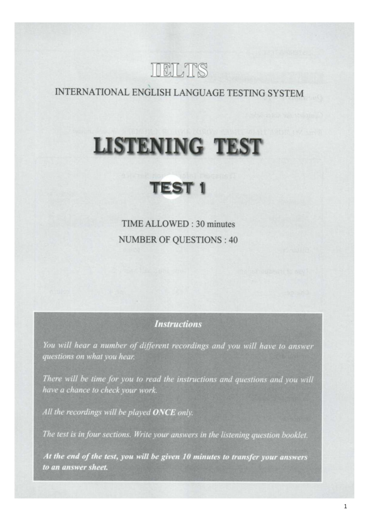 IELTS Listening Test 1 - TAI LIEU NGHE Chung 12 2526 - Studocu