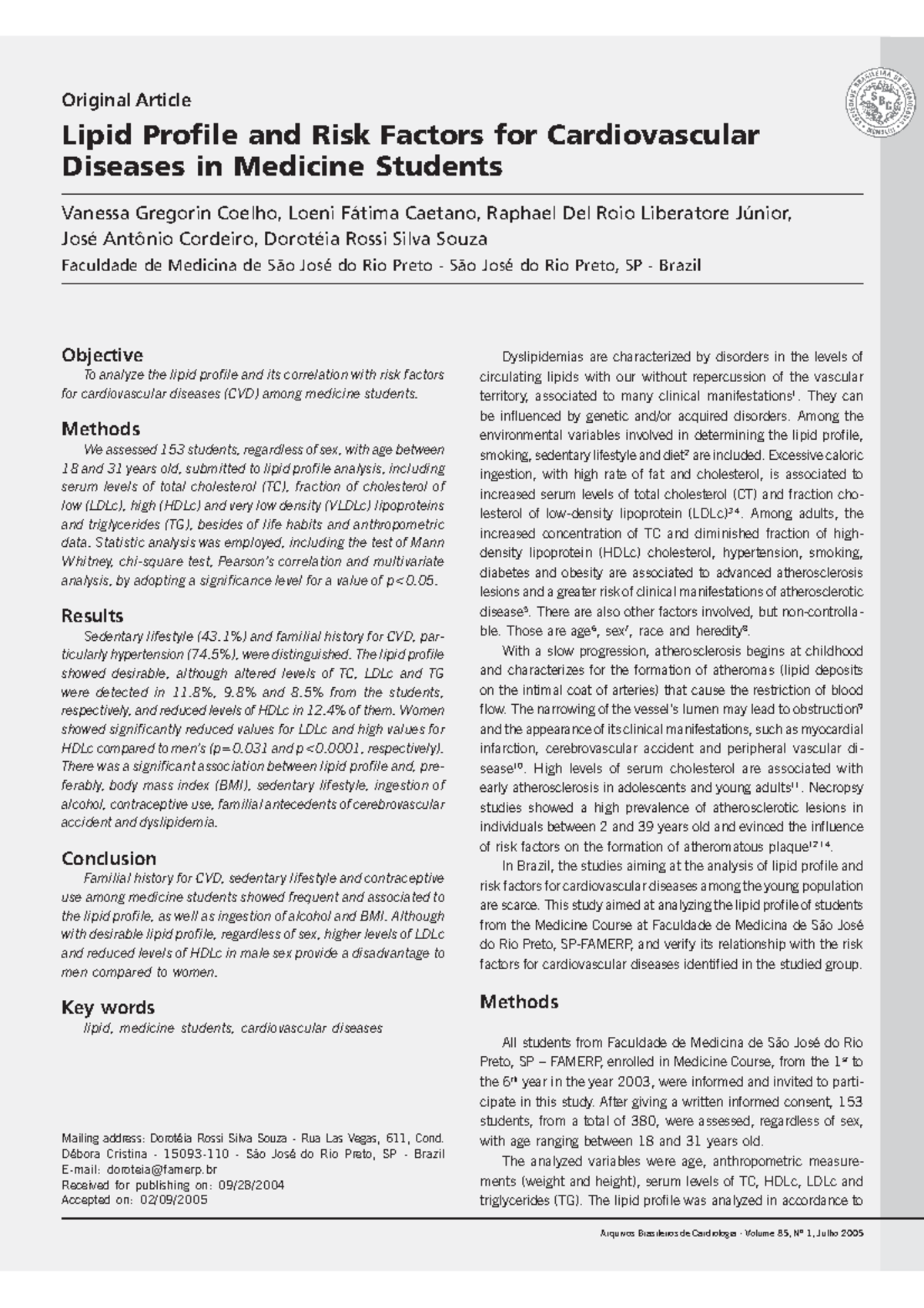 Lipid Profile and CVD Risk Factors in Medicine Students (FAMERP) - Studocu