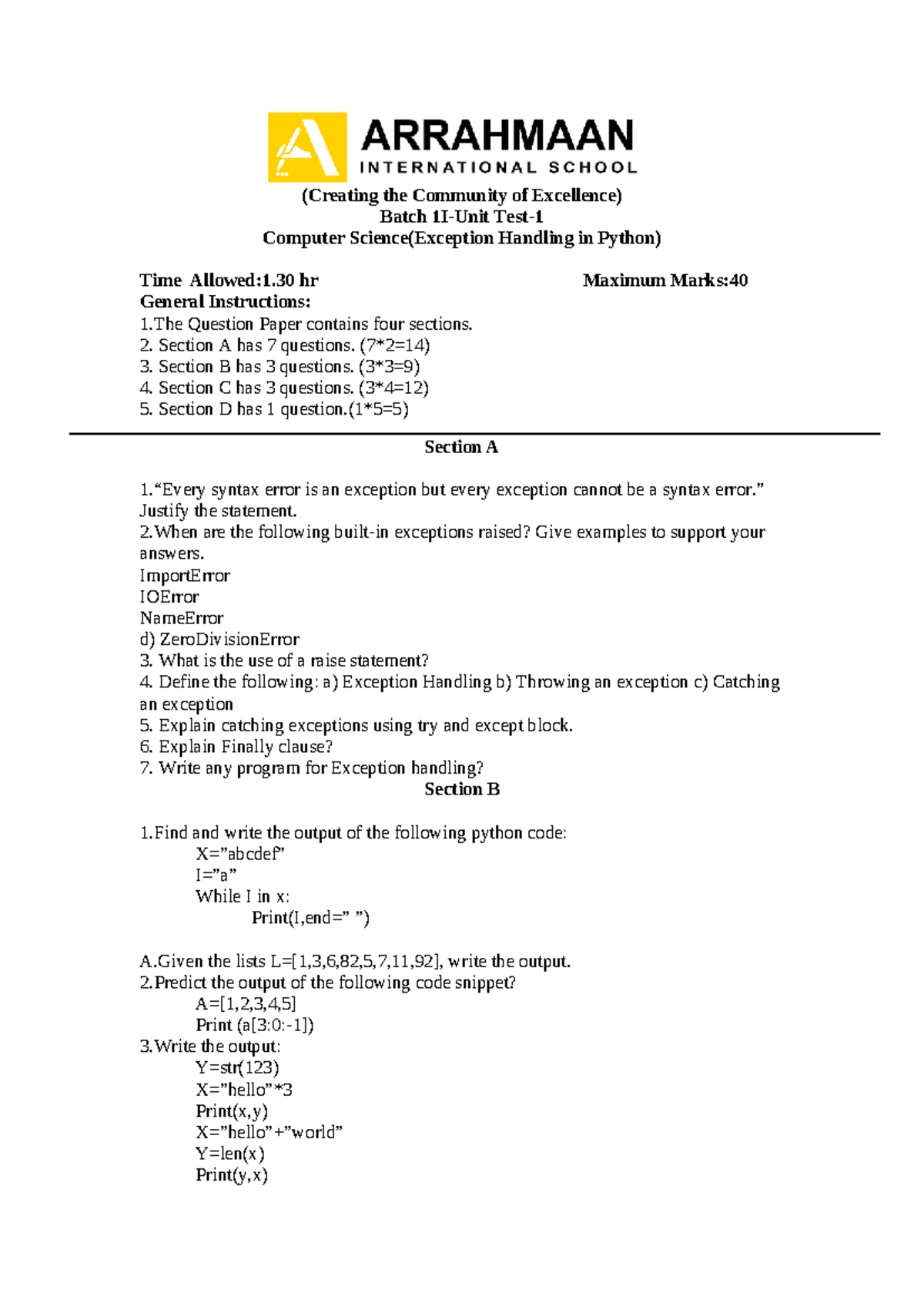Batch CS 787406013: Unit Test 2 on Exception Handling in Python - Studocu