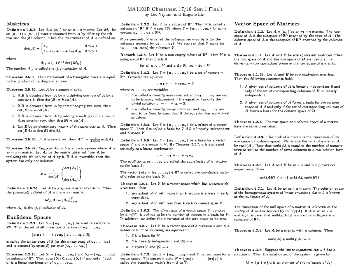 MA1101R Finals 2017: Comprehensive Cheatsheet on Matrices & Linear ...