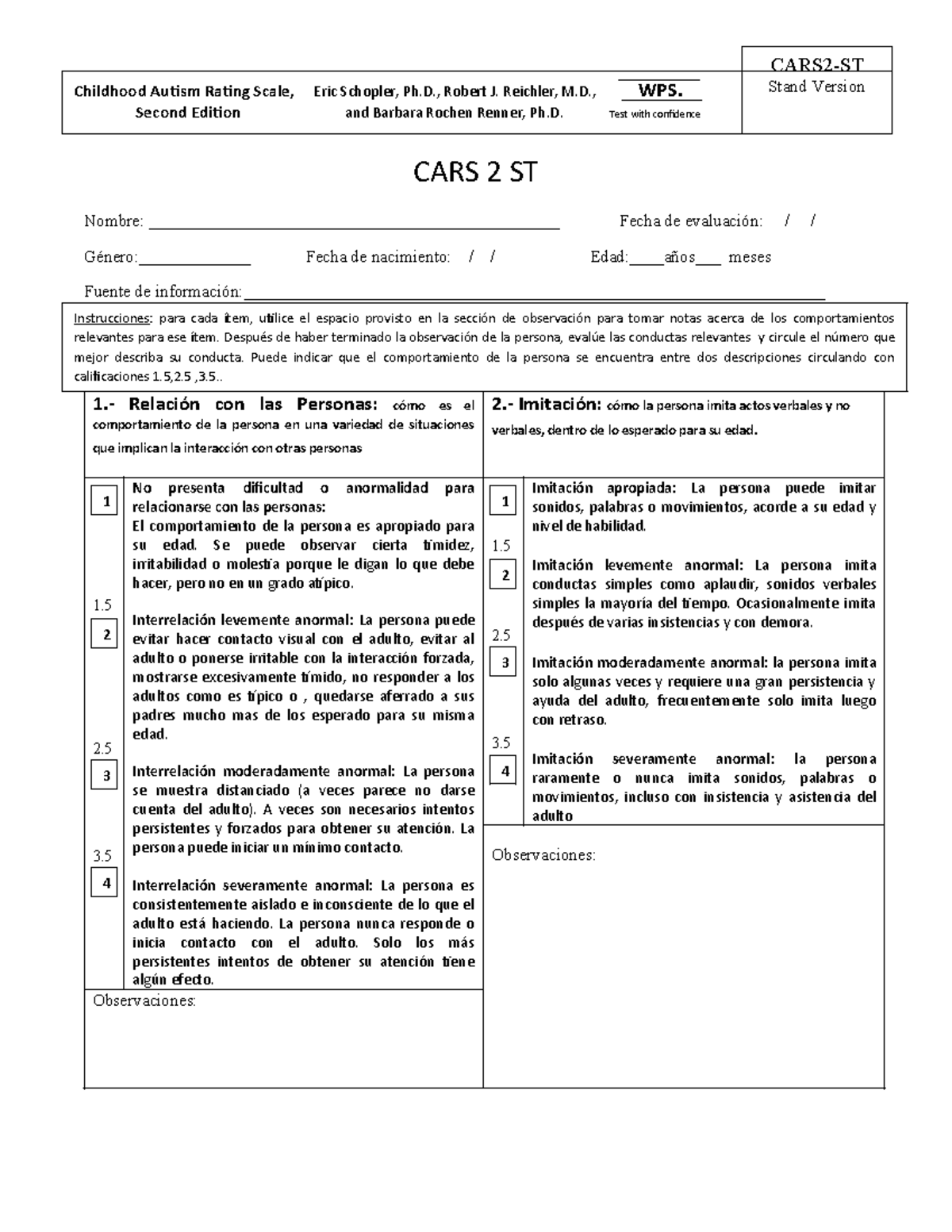 CARS 2 ST: Escala de Evaluación del Autismo Infantil, 2ª Edición - Studocu