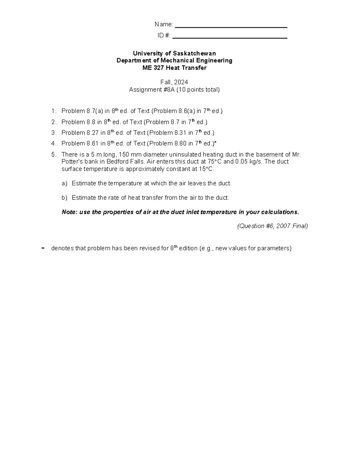 ME 327 Heat Transfer Fall 2024 Assignment Solutions 9A - Studocu