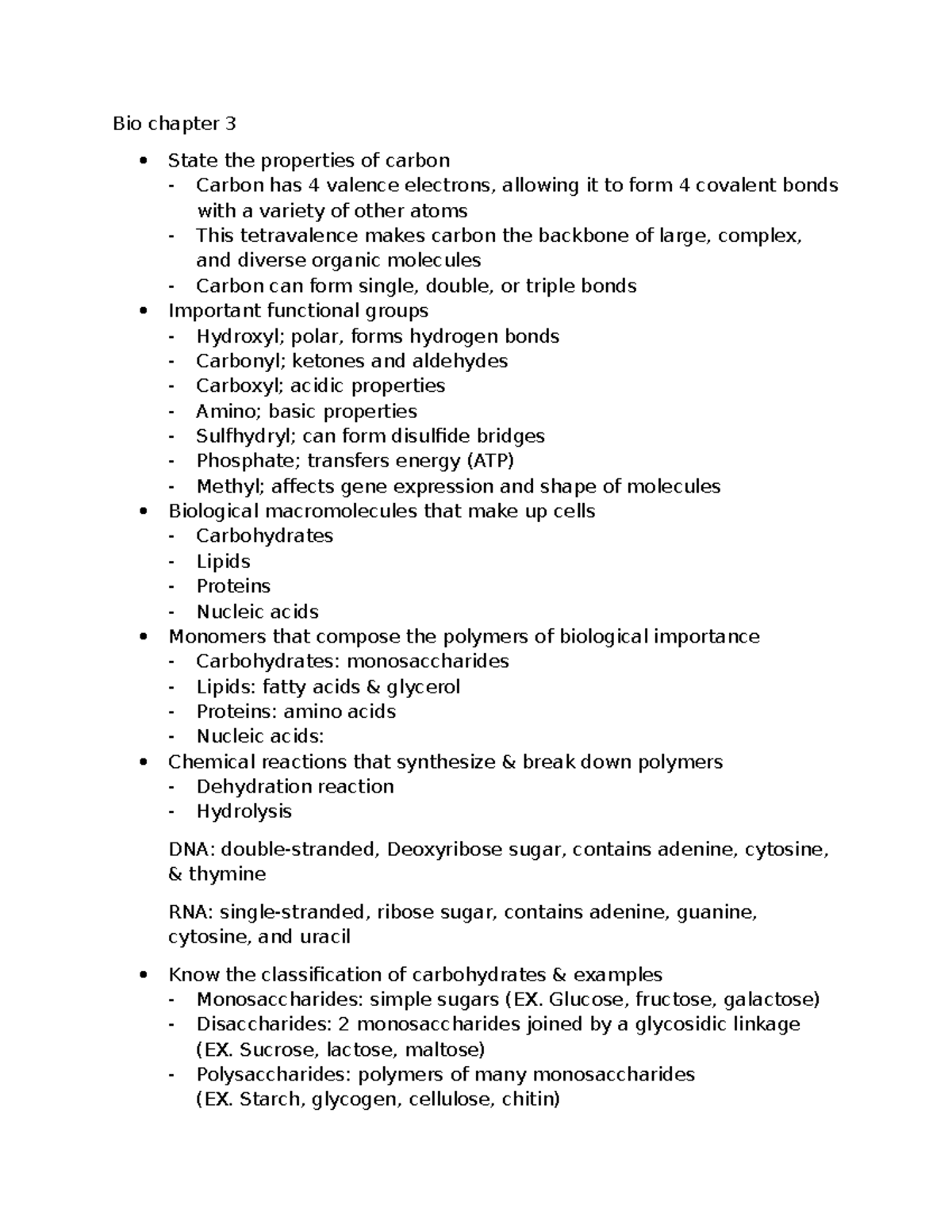 Bio 101 Chapter 3: Properties of Carbon and Biological Macromolecules ...
