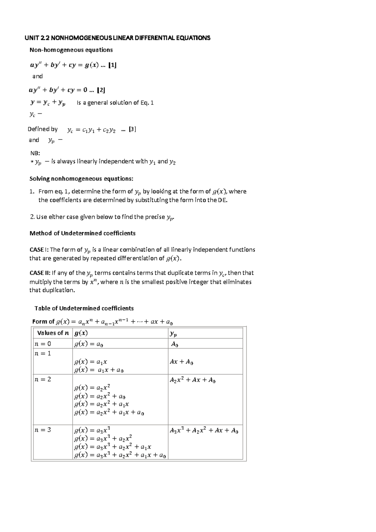UNIT 2.2 Nonhomogeneous Linear Differential Equations Overview - Studocu