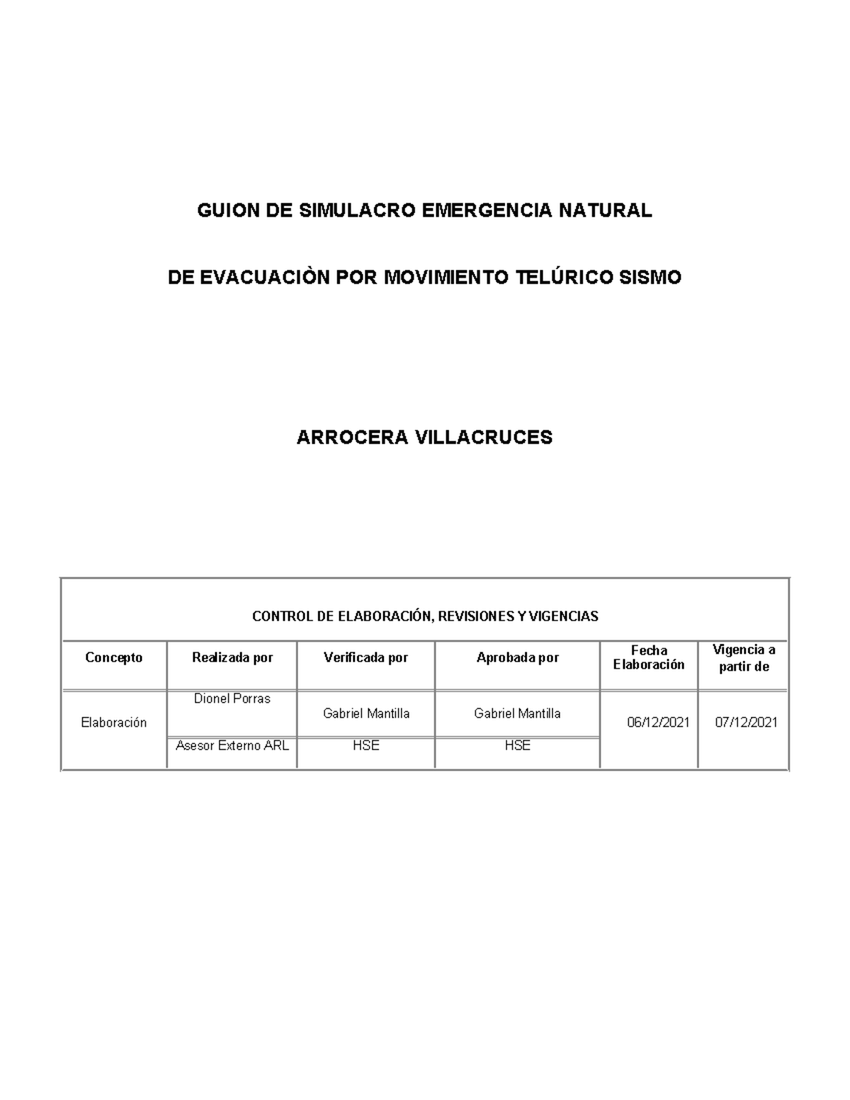 Guion de Simulacro de Evacuación por Sismo - Arrocera Villacruces - Document Preview