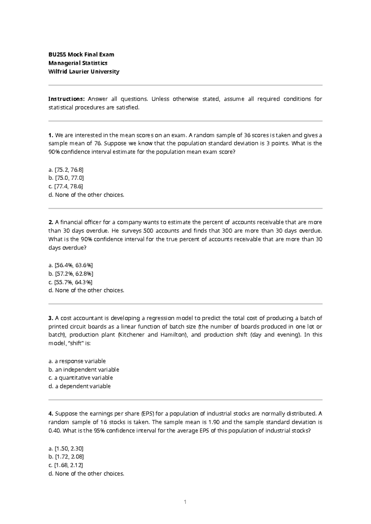 BU255 Mock Final Exam Questions - Managerial Statistics - Studocu