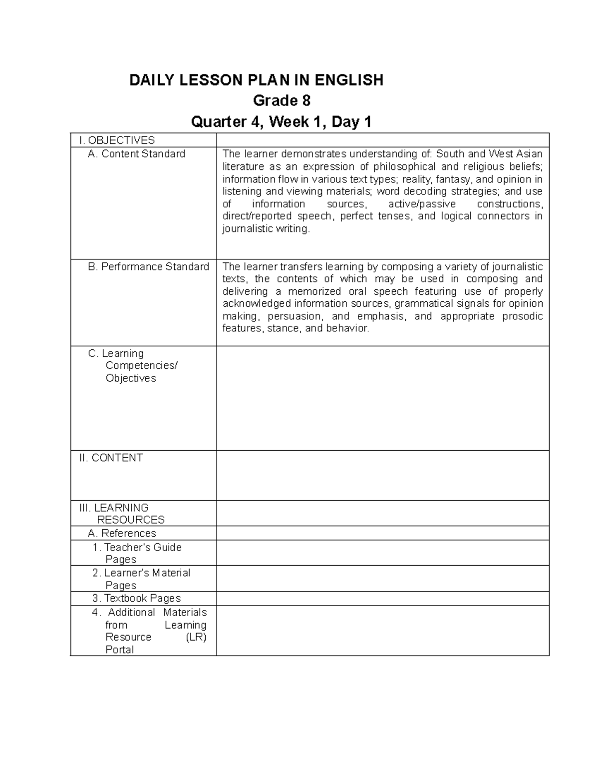 Daily Lesson PLAN IN English - DAILY LESSON PLAN IN ENGLISH Grade 8 ...