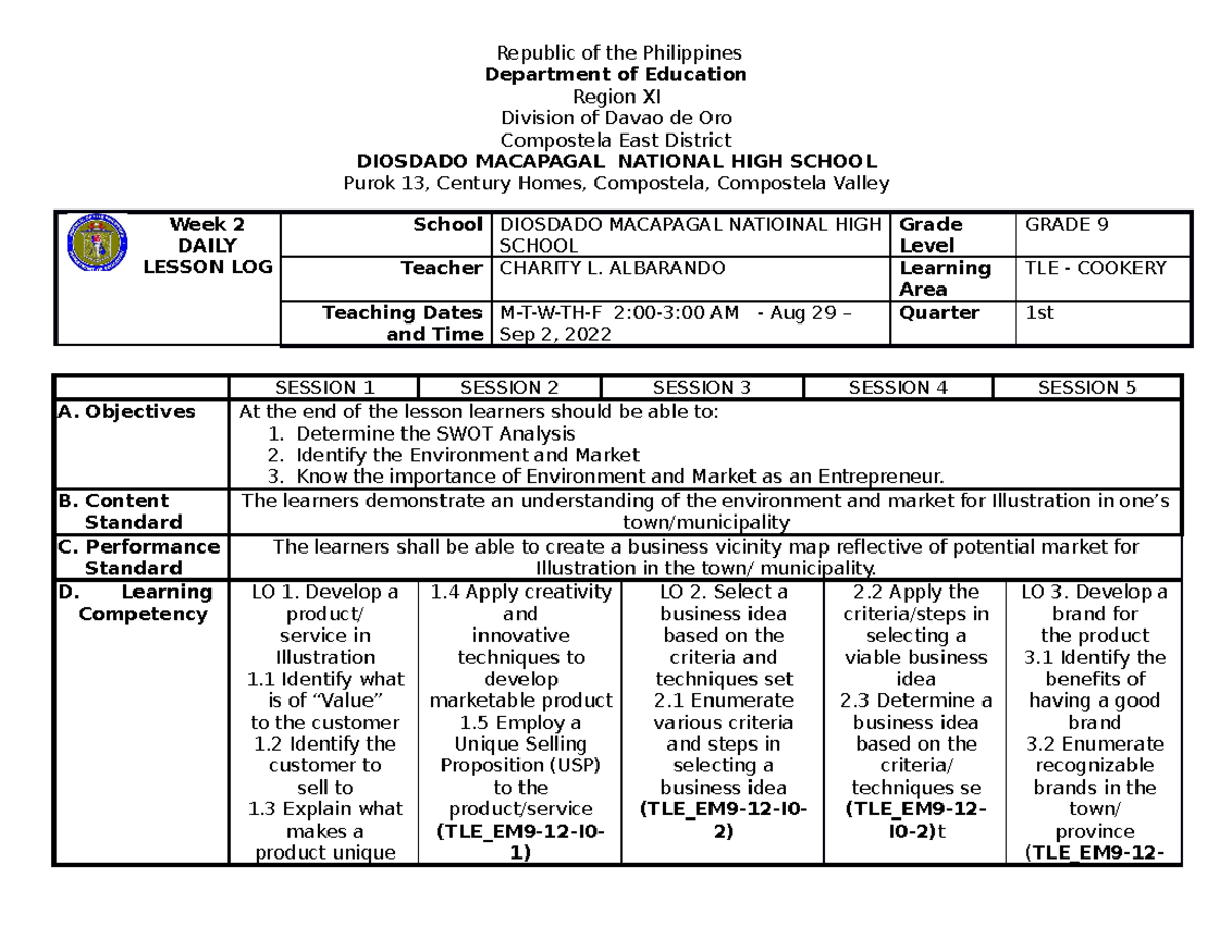 Tle 9 Cookery Week 3 Daily Lesson Log Dll Insights Studocu