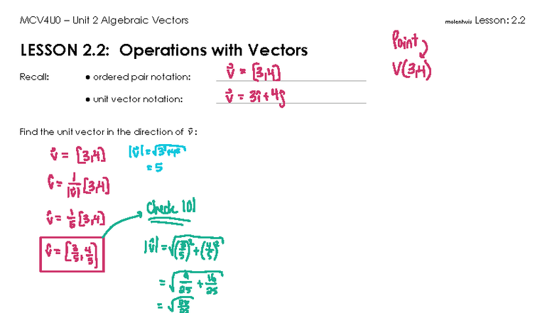 MCV4U0 Unit 2 Algebraic Vectors Lesson 2.2: Vector Operations - Studocu