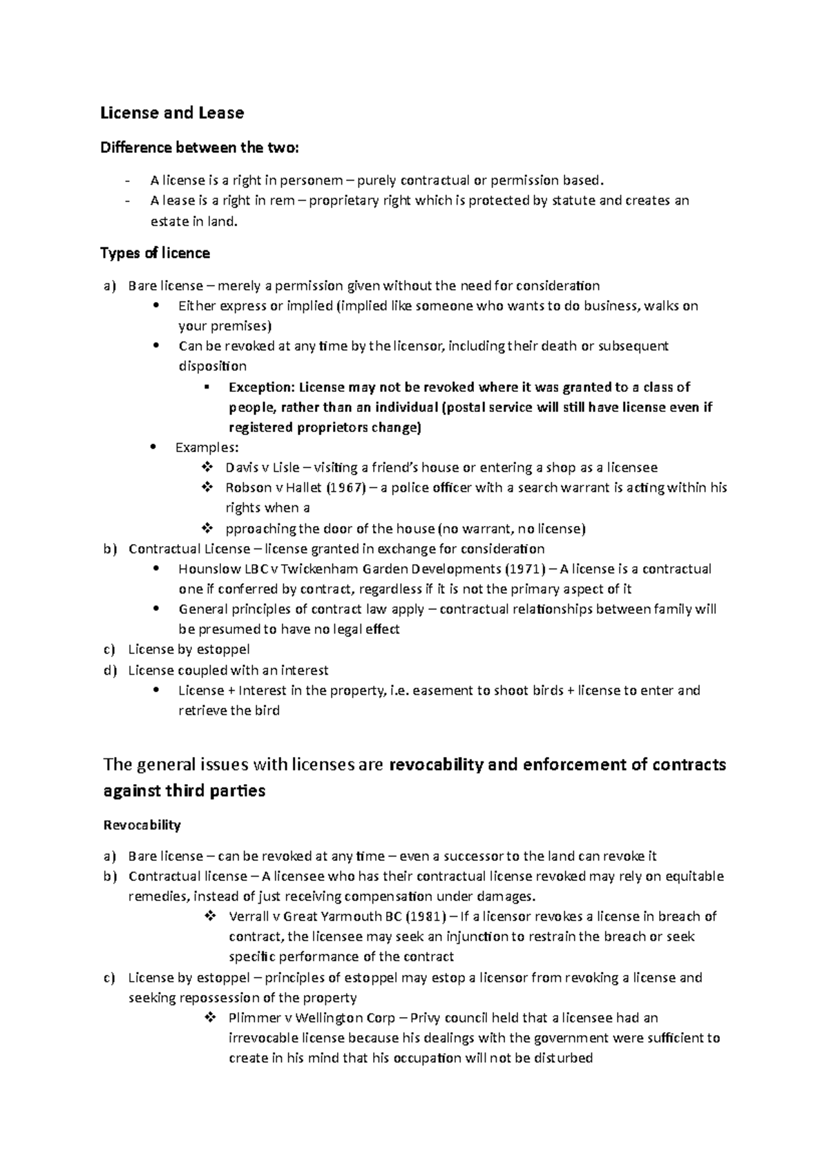 Law 101: License and Lease Personal Notes Summarized - Studocu