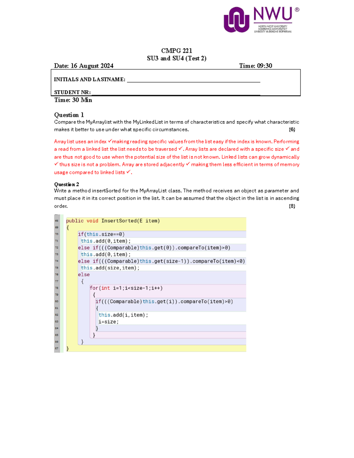 CMPG221 2024 Test 2 Memo: MyArrayList vs MyLinkedList Insights - Studocu