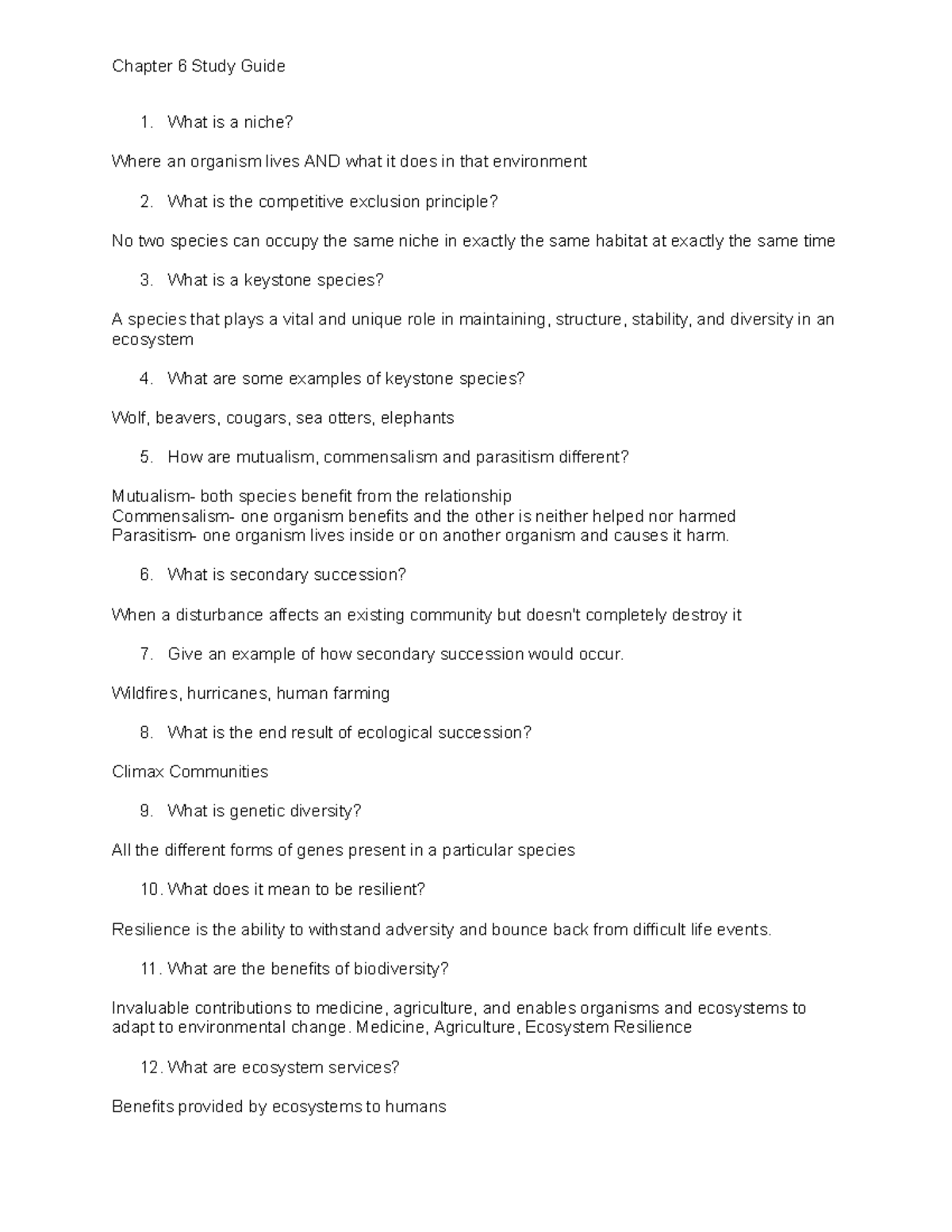 Chapter 6 Study Guide: Ecosystem Dynamics and Biodiversity (BIO101 ...