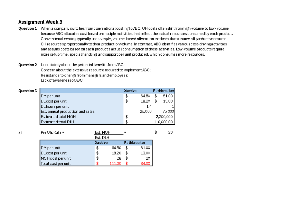 Assignment Week 8: ABC Costing vs. Conventional Costing Analysis - Studocu