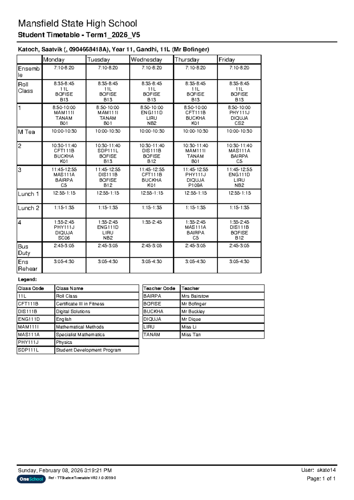 Mansfield State High School Year 11 Timetable Term 1 2026 - Studocu