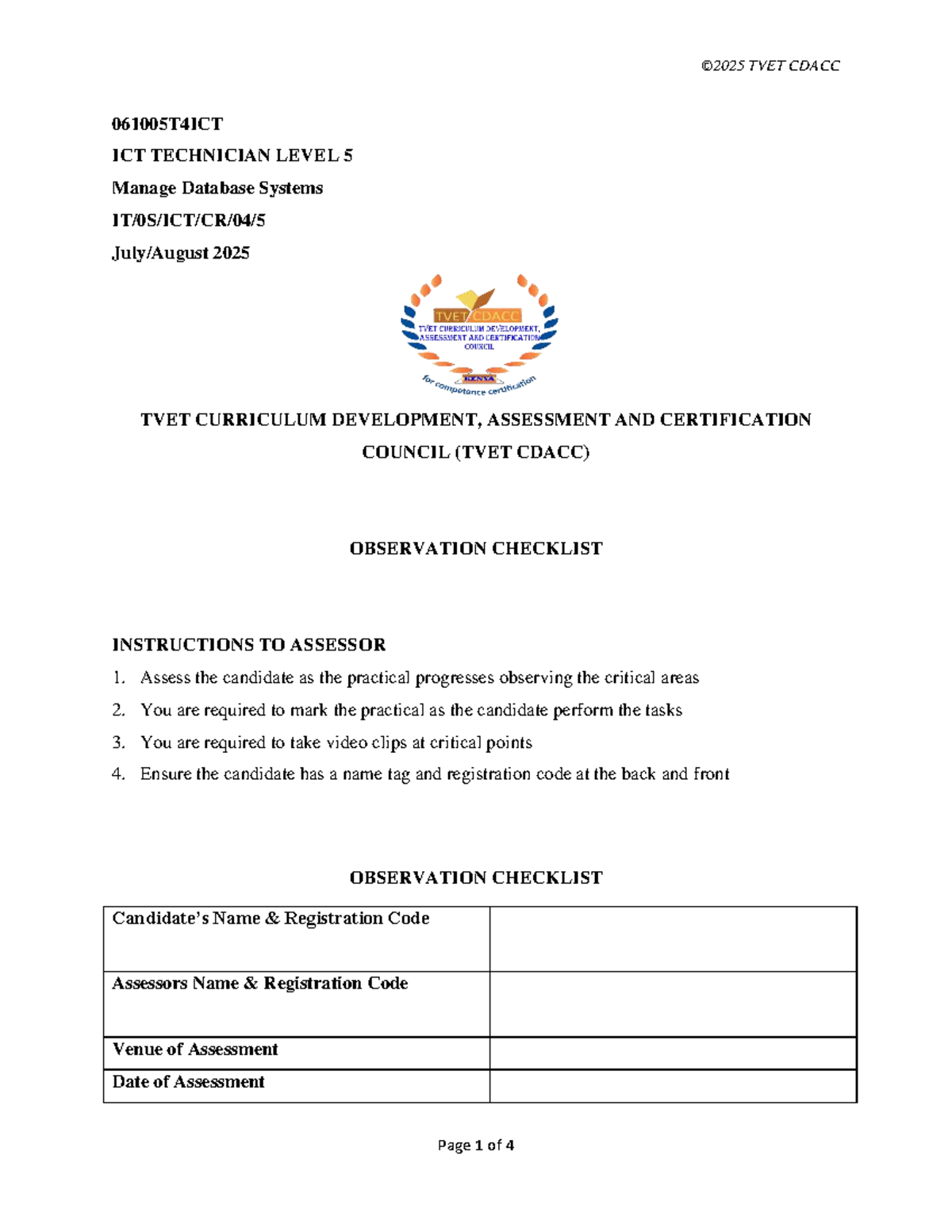TVET CDACC 061005T4ICT Level 5 Database Systems Observation Checklist ...