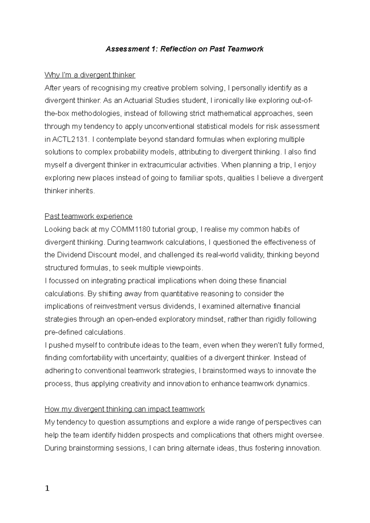 Assessment 1: Reflection on Divergent Thinking in Teamwork - Studocu