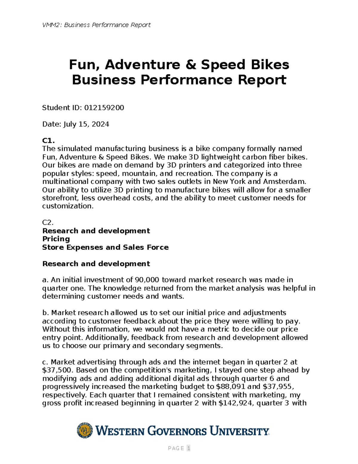 Business Performance Report (D361) for Fun, Adventure & Speed Bikes ...