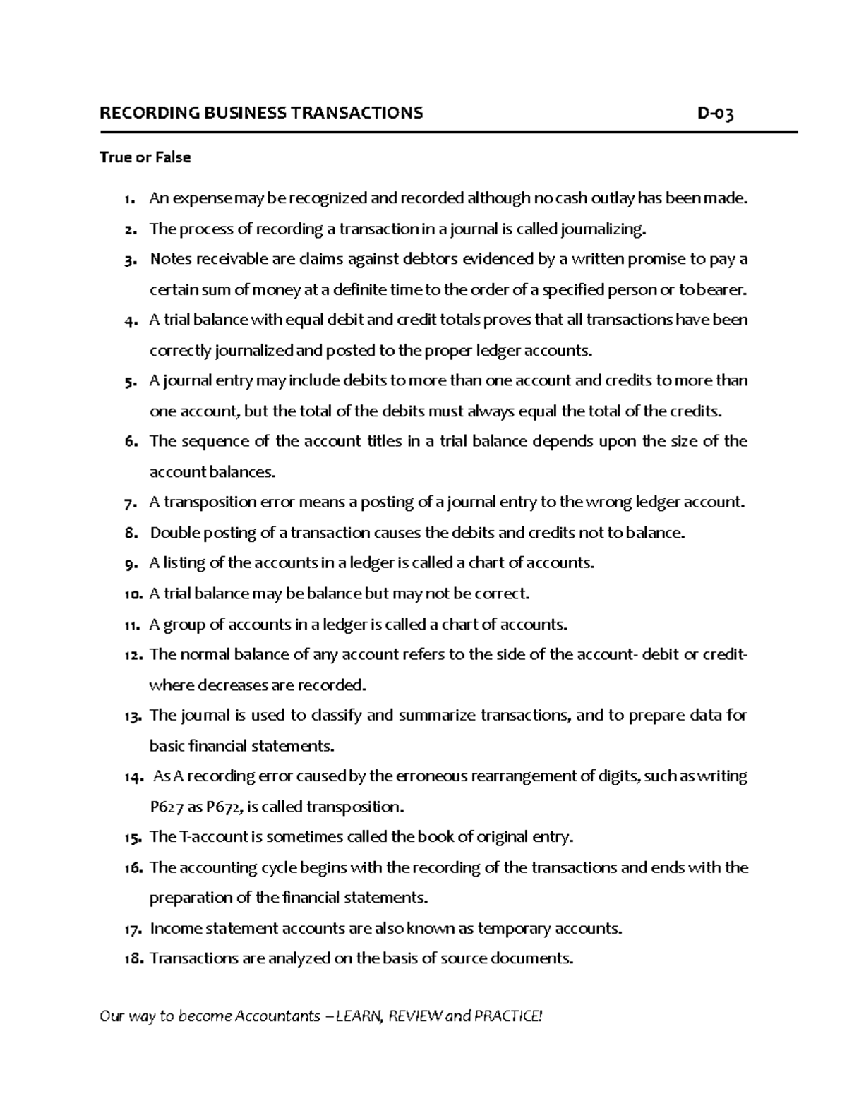 Recording Business Transactions Review D-03: True or False Questions ...