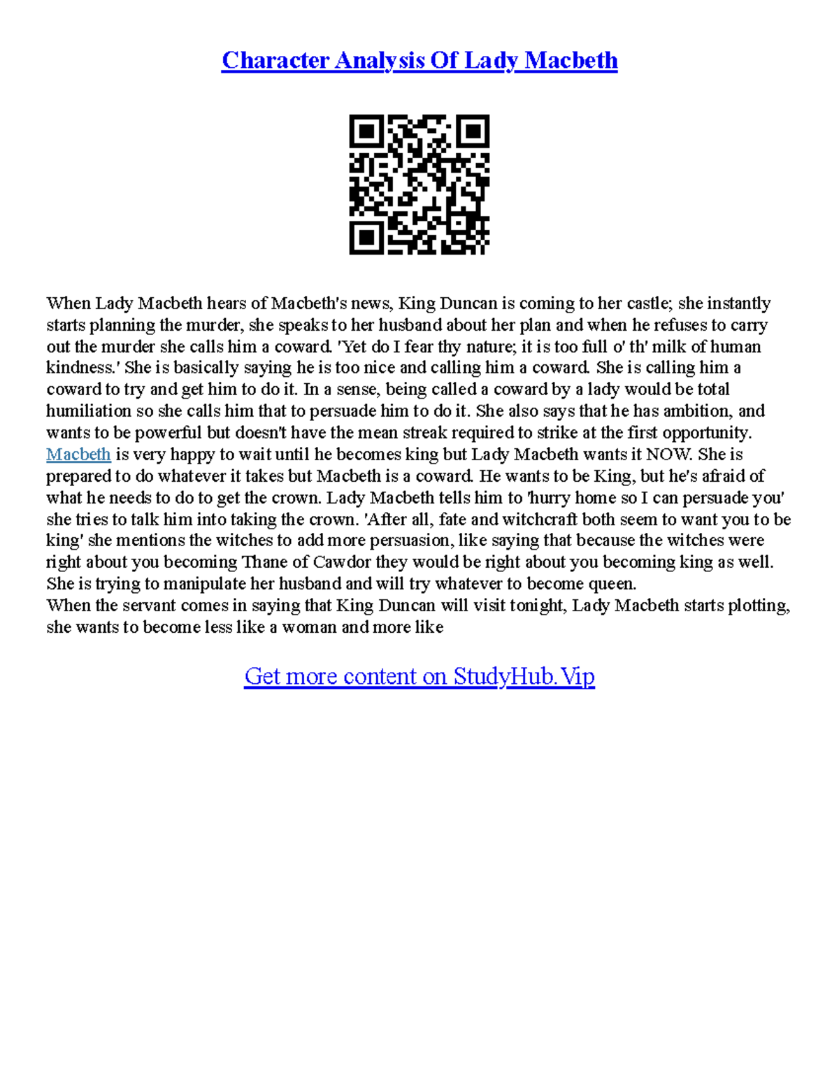 Lady Macbeth Character Analysis Essay - Character Analysis Of Lady ...