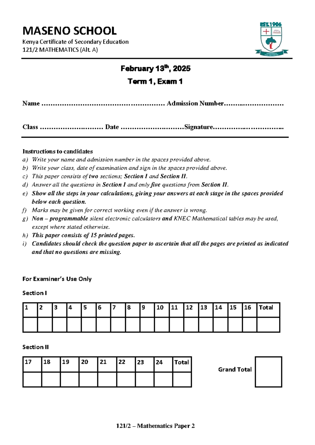 MASENO SCHOOL KCSE MATHEMATICS (Alt. A) TERM 1 EXAM 1 - 2025 - Studocu