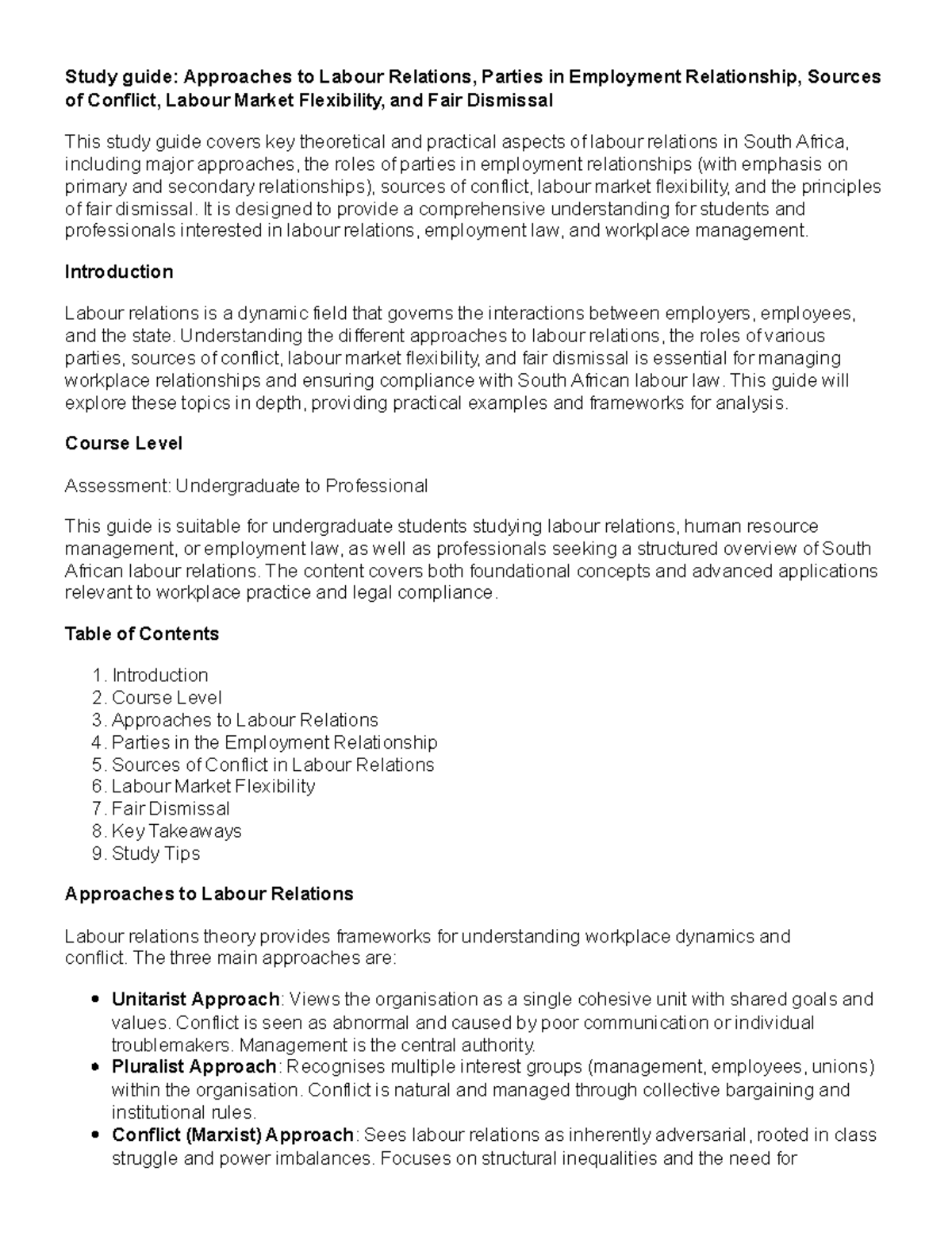 Labour Relations Study Guide 260408: Key Approaches & Fair Dismissal ...