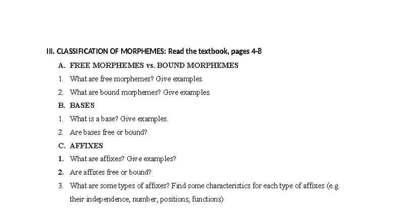 (2025) Morphemes Classification & Exercises: Free vs. Bound - Studocu