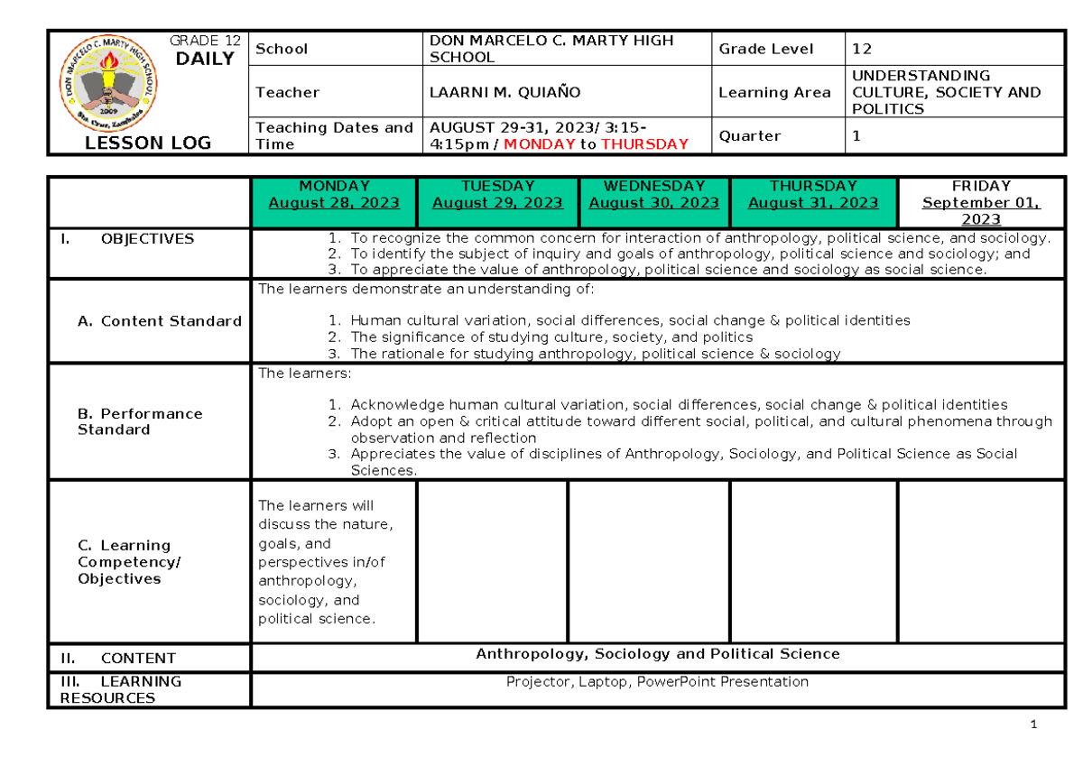 DLL UCSP (01) - Daily Lesson Log for Understanding Culture and Society ...