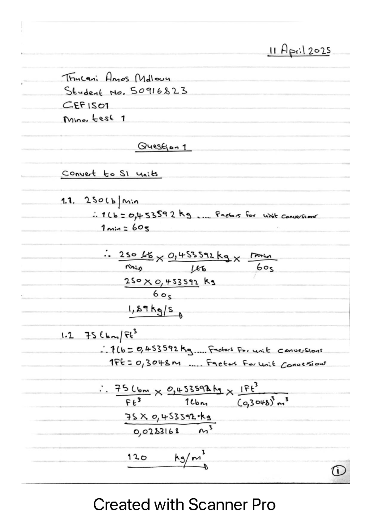 CEF 1501 Assessment 1 - Unit Conversion and Related Questions - Studocu