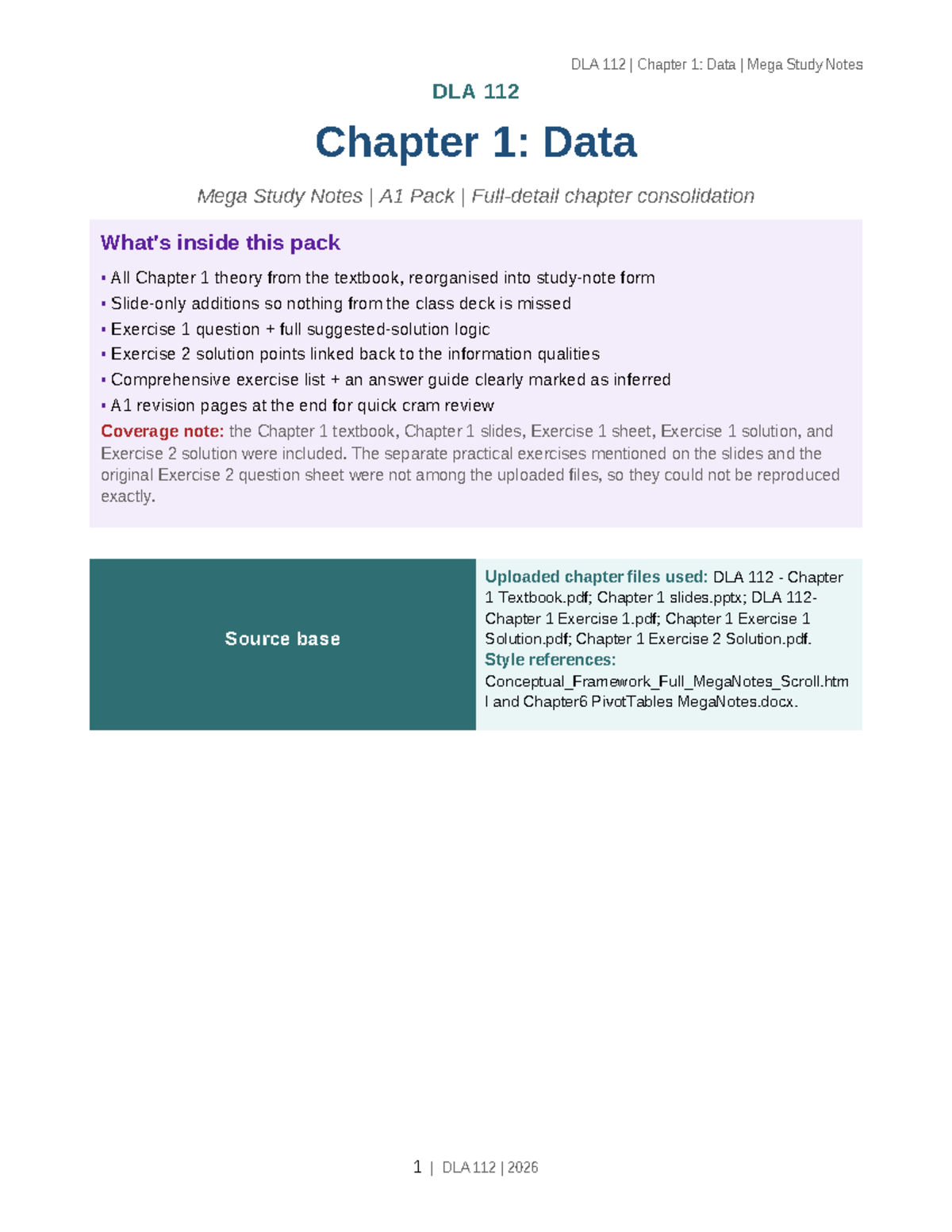 DLA 112 Chapter 1: Comprehensive Data Study Notes A1 - Studocu