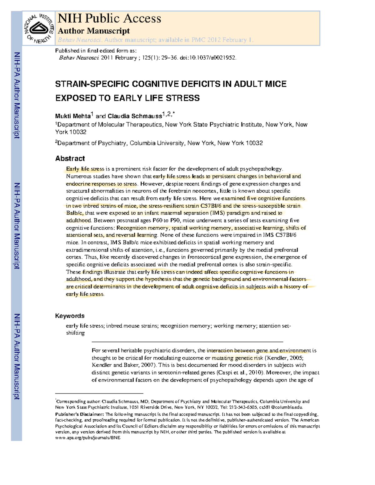Cognitive Deficits in Mice Exposed to Early Life Stress: A Study - Studocu