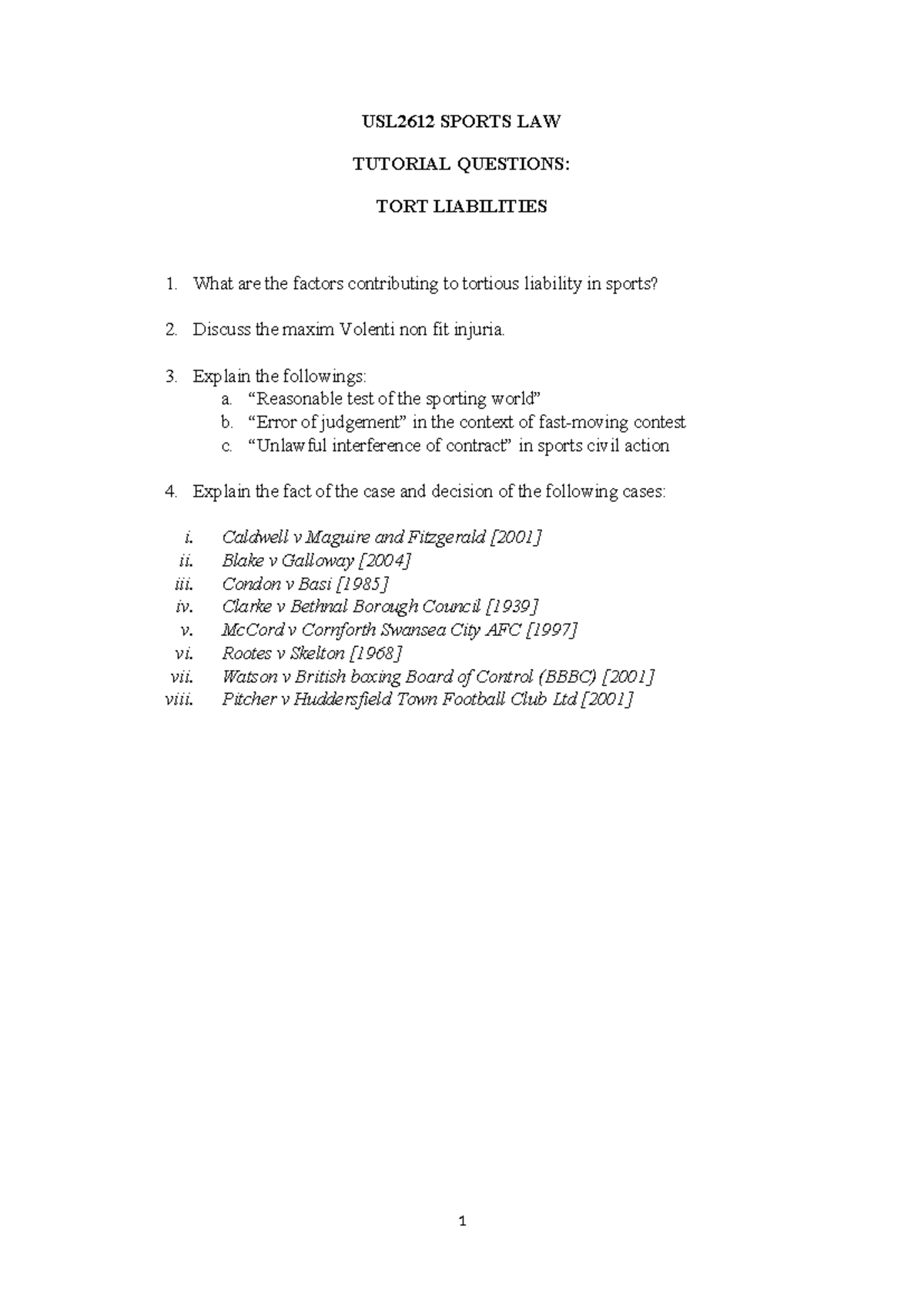USL2612 Sports Law Tutorial: Tort Liabilities & Key Cases Analysis ...