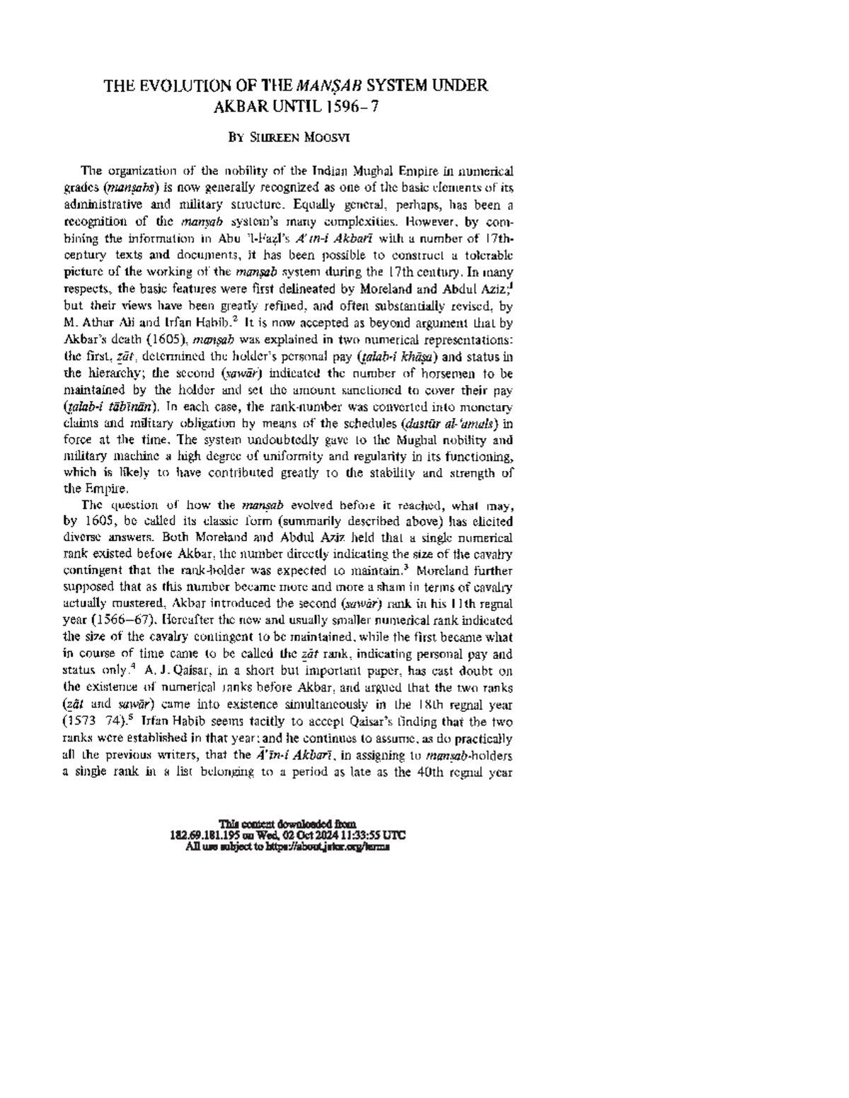 Moosvi - The Evolution of the "Manṣab" System under Akbar Until 1596-7 ...