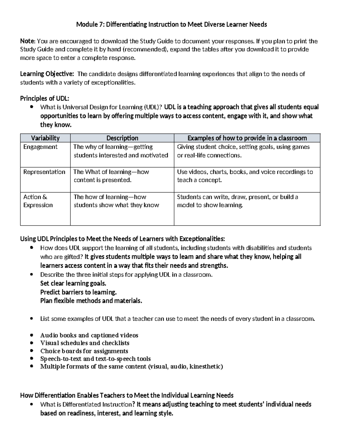 Module 7: Differentiating instruction for diverse learner needs - Studocu