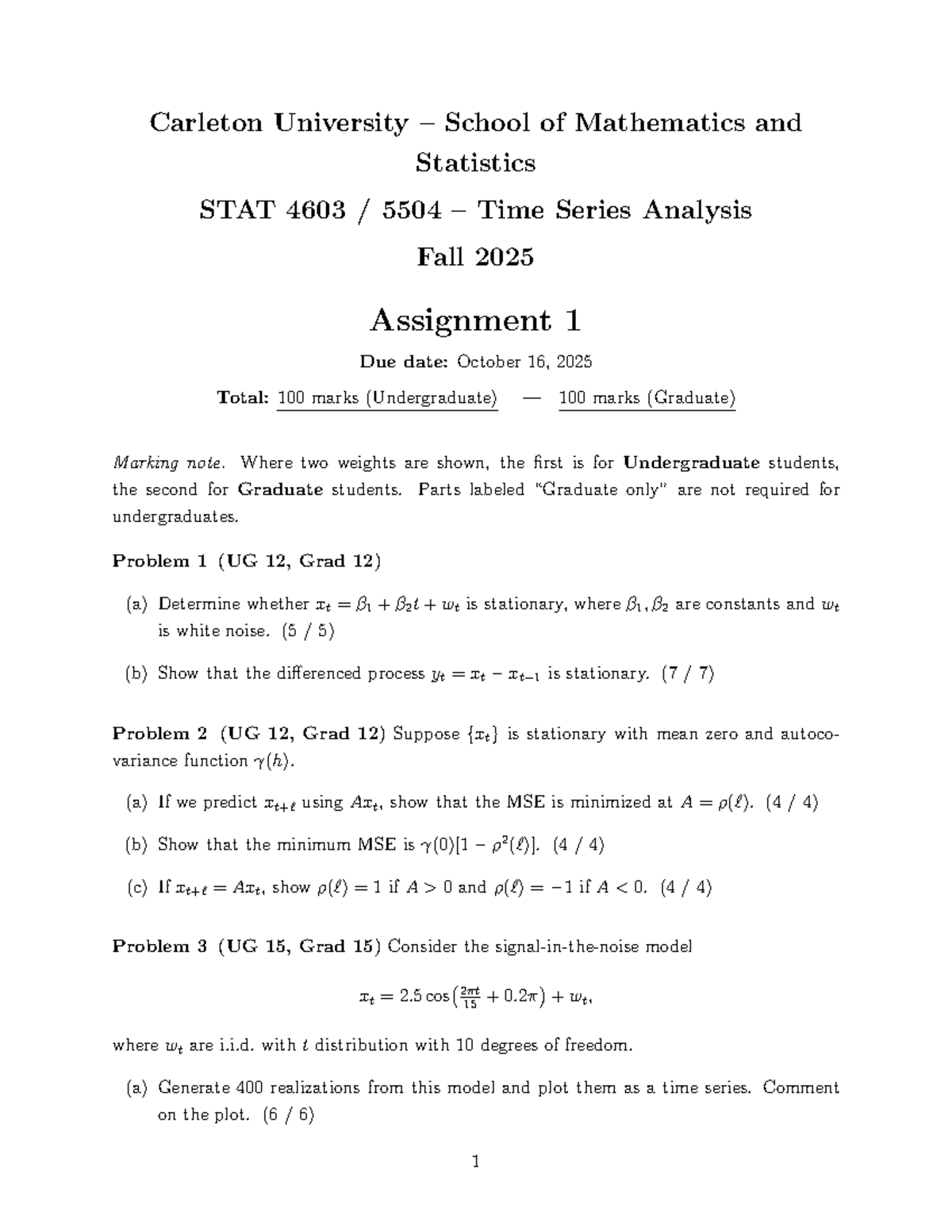 STAT 4603 5504 Time Series Analysis Fall 2025 Assignment 1 - Studocu