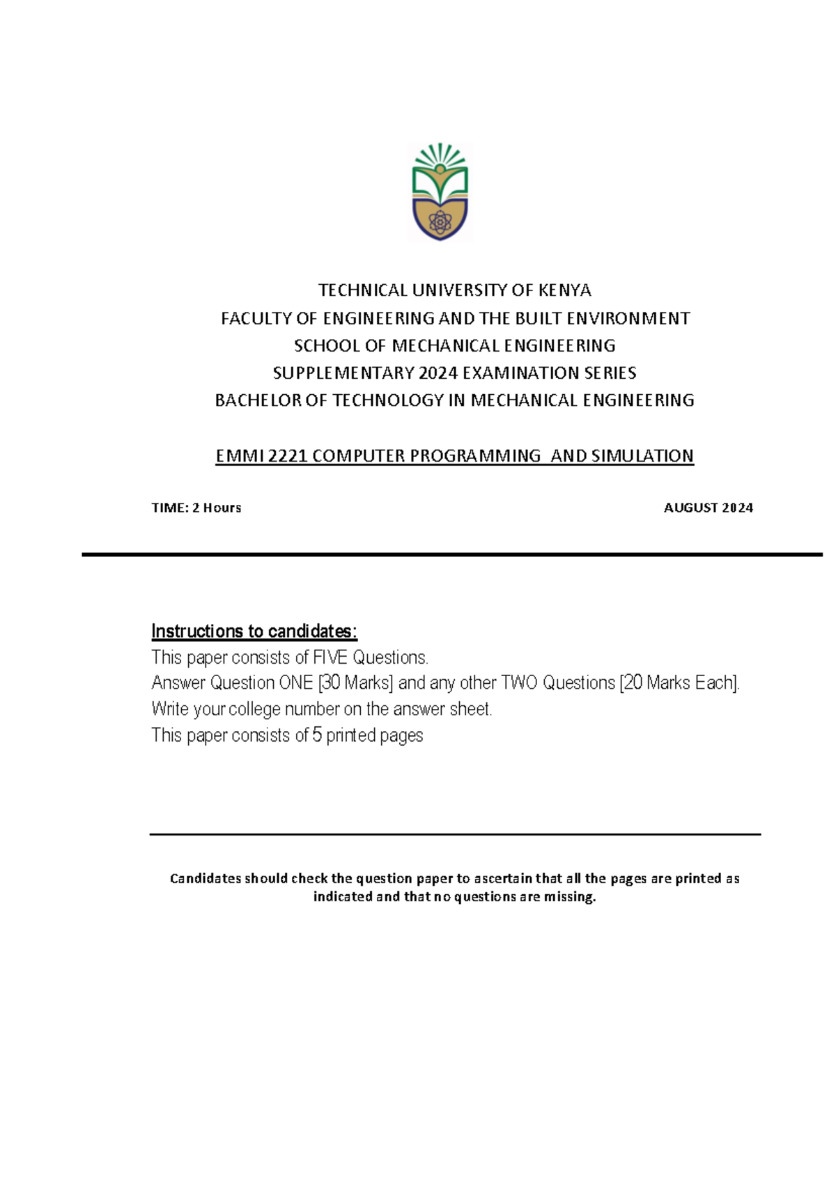 EMMI 2221 Supplementary Exam - Computer Programming 2024 - Studocu