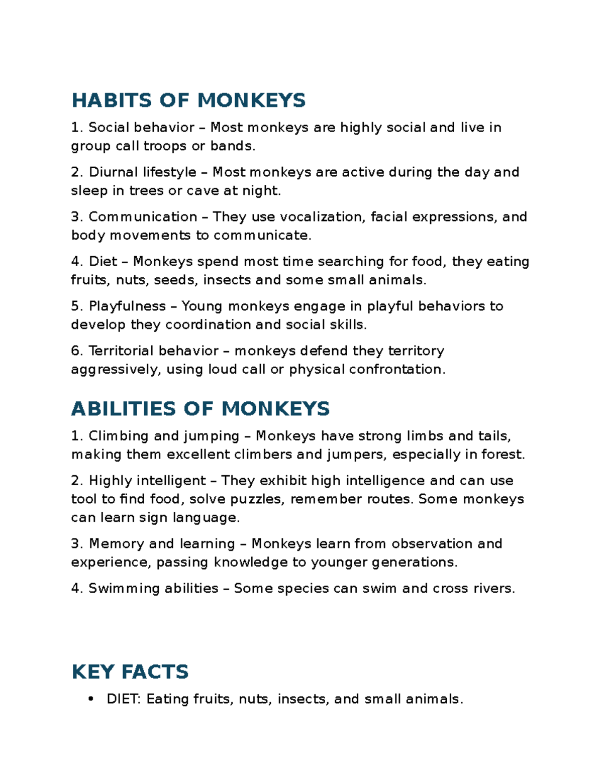 HABITS AND ABILITIES OF MONKEYS: SOCIAL BEHAVIOR & DIET - Studocu