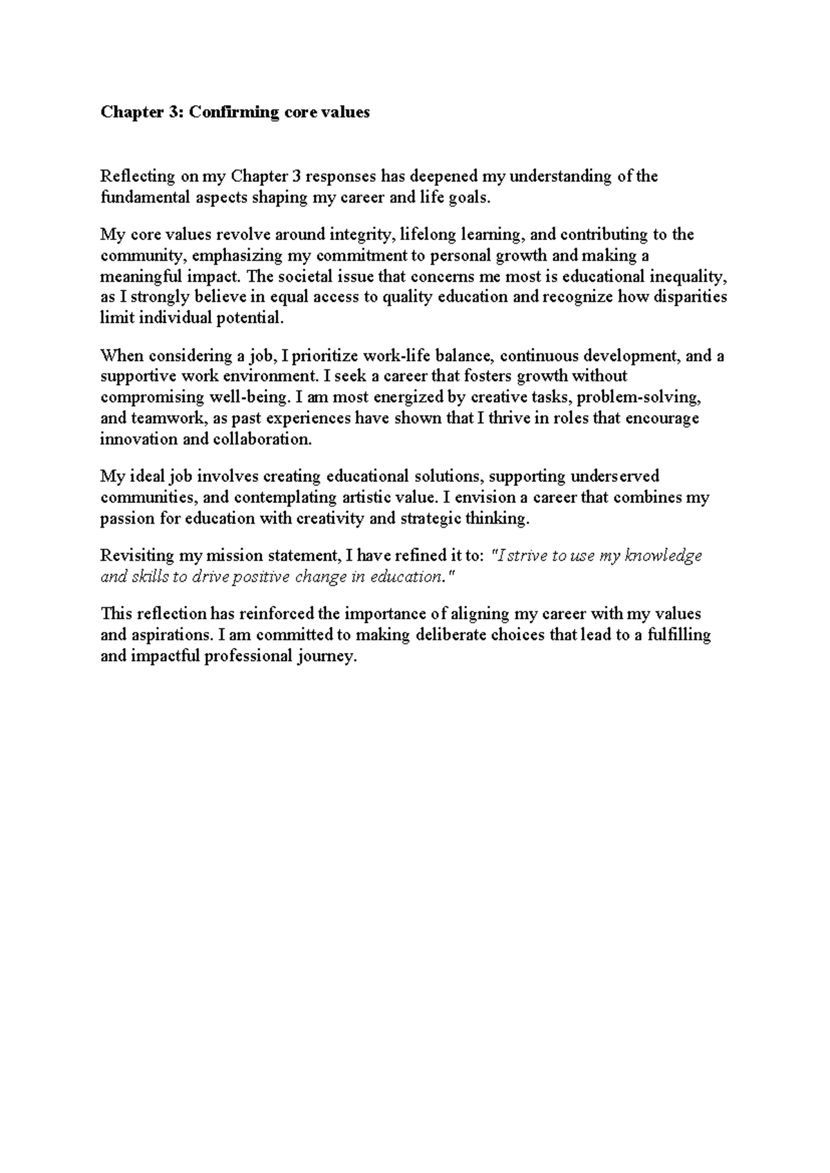 Chapter 3 - kkk - Chapter 3: Confirming core values Reflecting on my ...