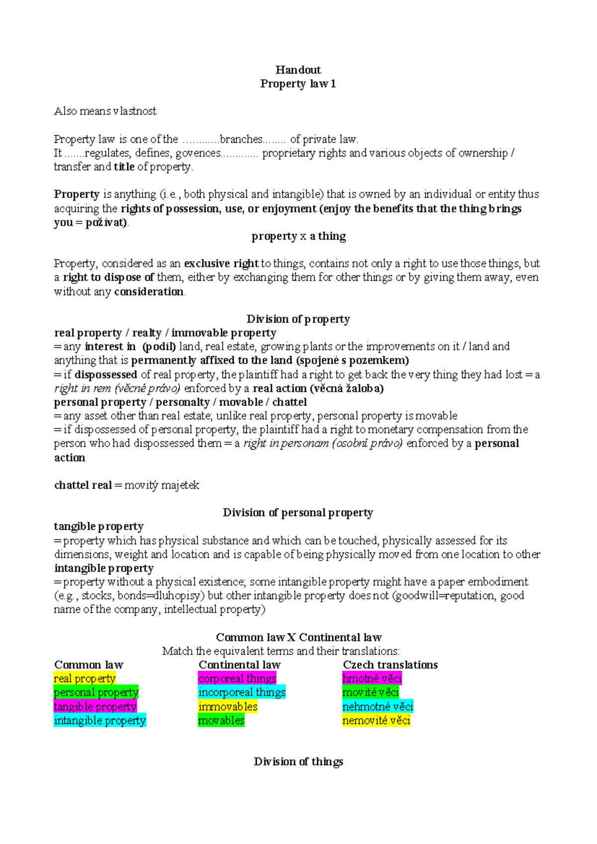 Handout - Property Law 1: Understanding Ownership and Rights - Studocu