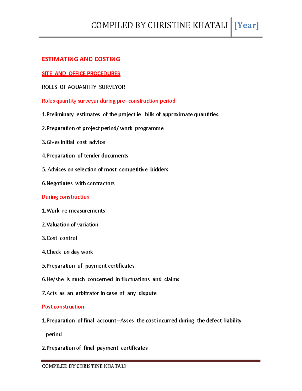 Estimating and Costing Procedures for Quantity Surveyors (EST ND COST ...