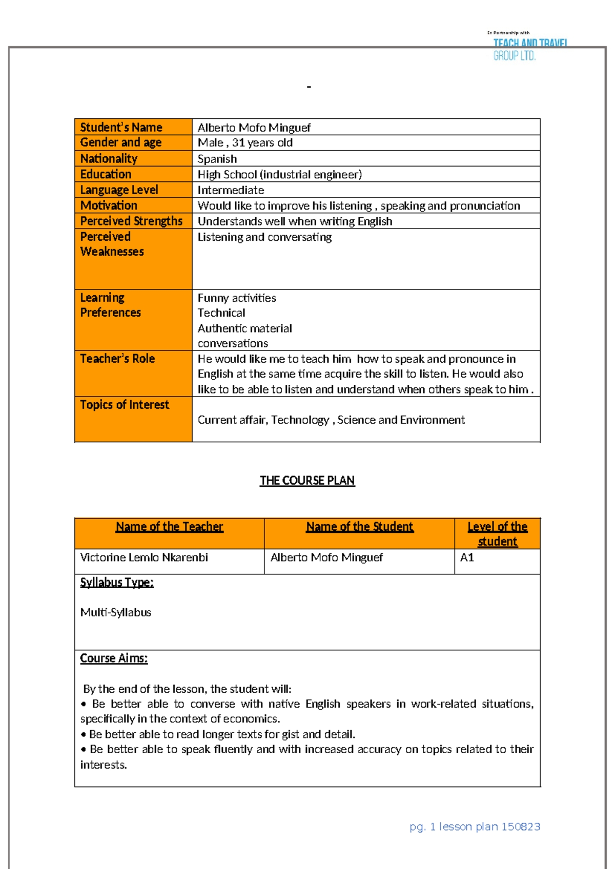 Victorine's Assignment 10: One-to-One English Course Plan for A1 ...