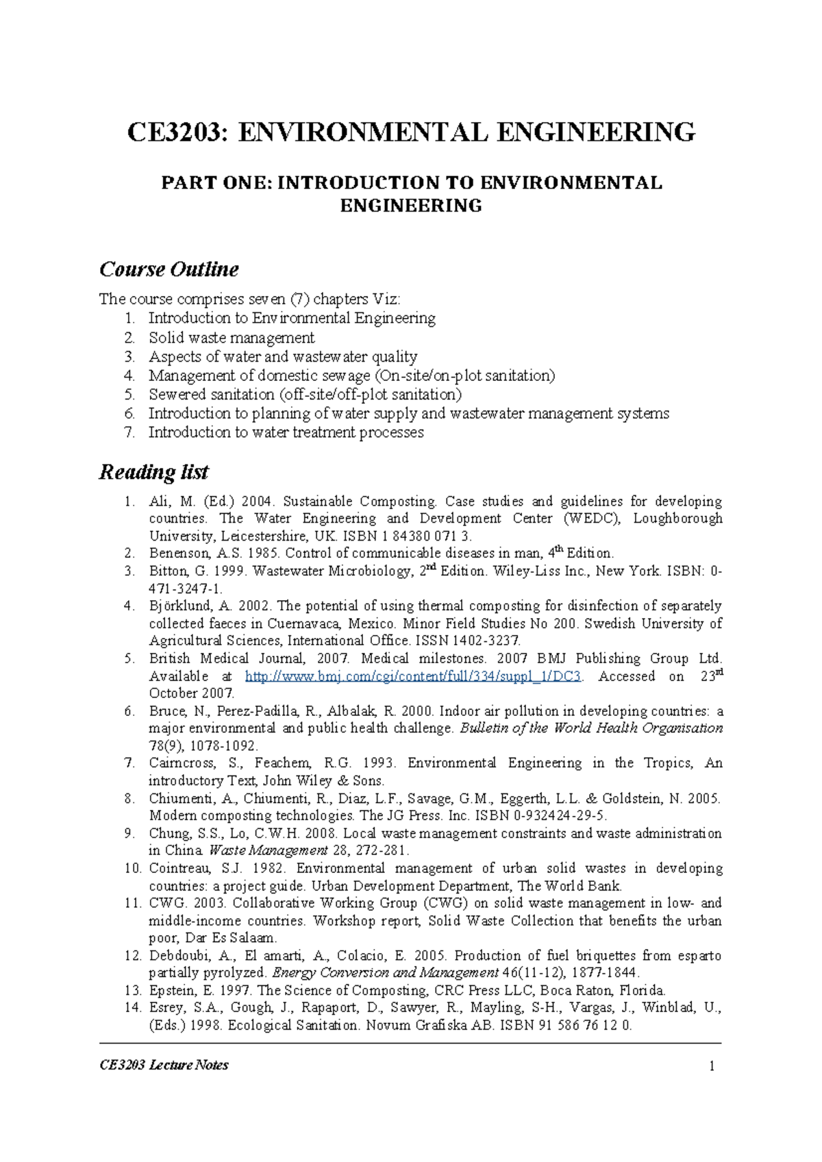CE3203: Chapter 1 - Intro to Environmental Engineering and Sanitation ...